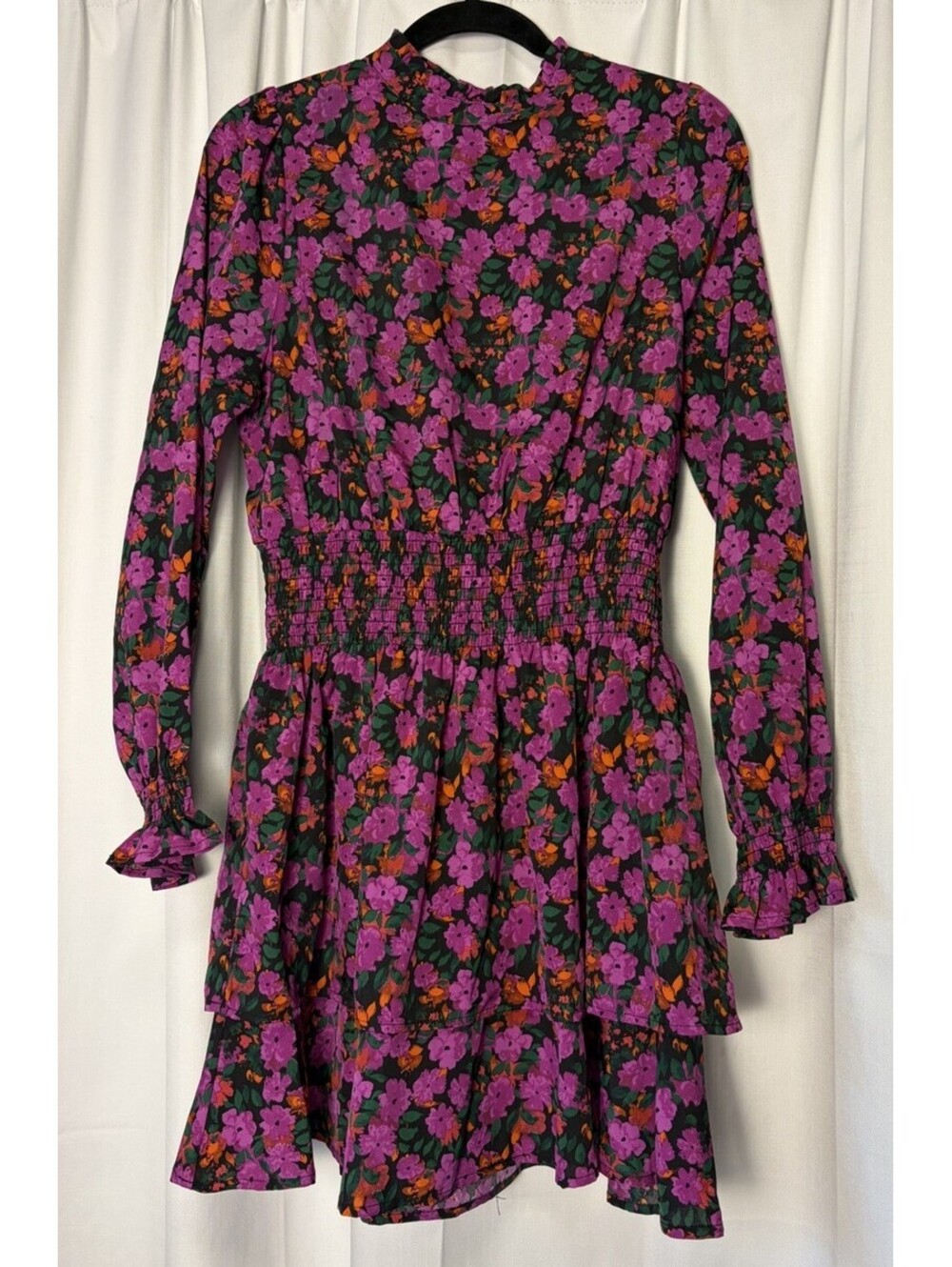 THML Purple Floral High Neck Smocked Waist Tiered Skirt Mini Dress Floral Size M